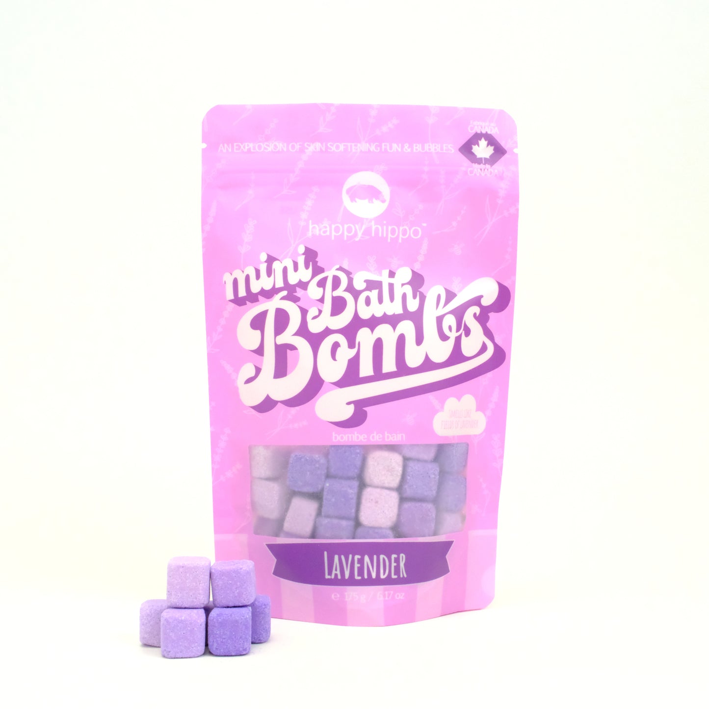 Lavender mini bath bombs on a white background