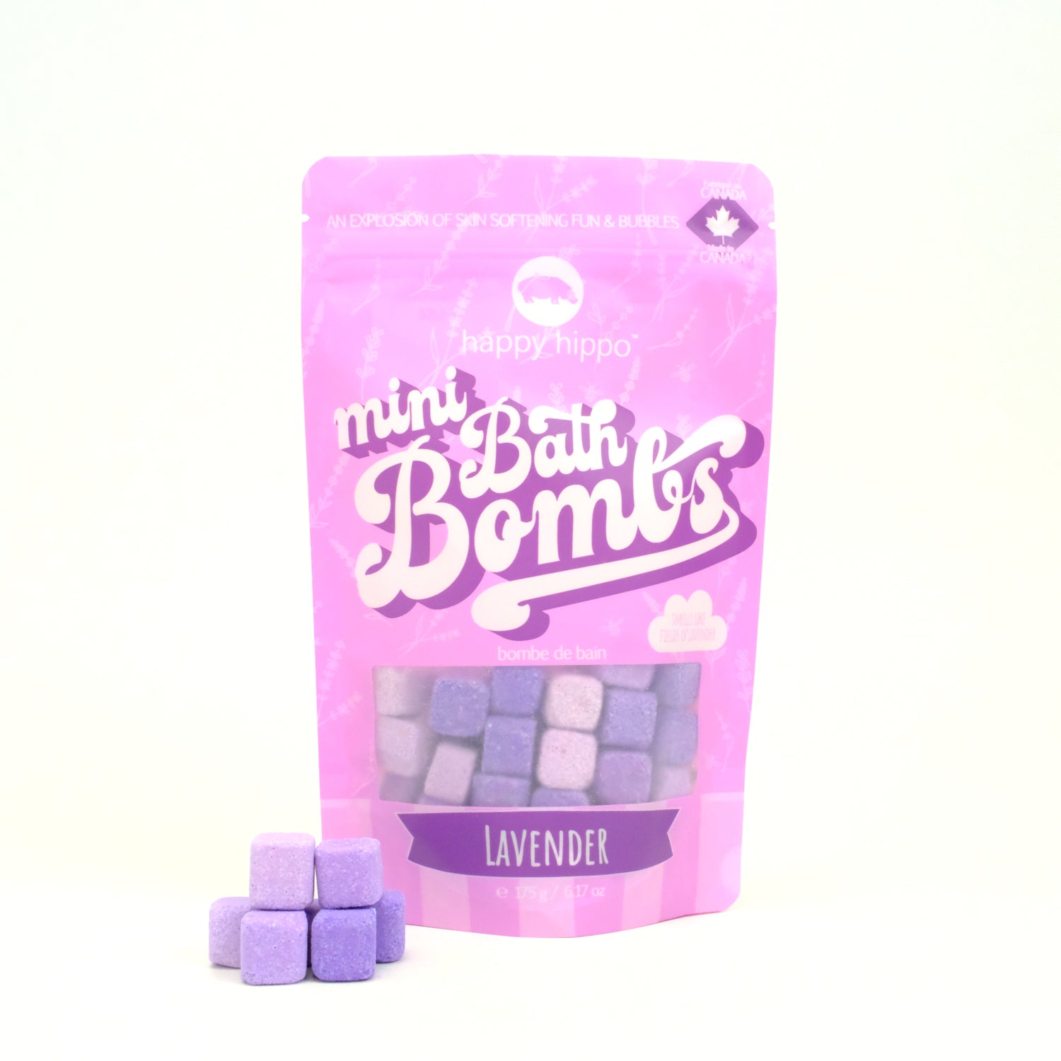 Lavender mini bath bombs on a white background