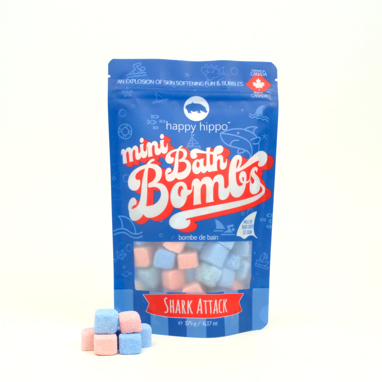 Bag of Shark Attack Mini Bath Bombs on a white background with mini bath bombs in front of it