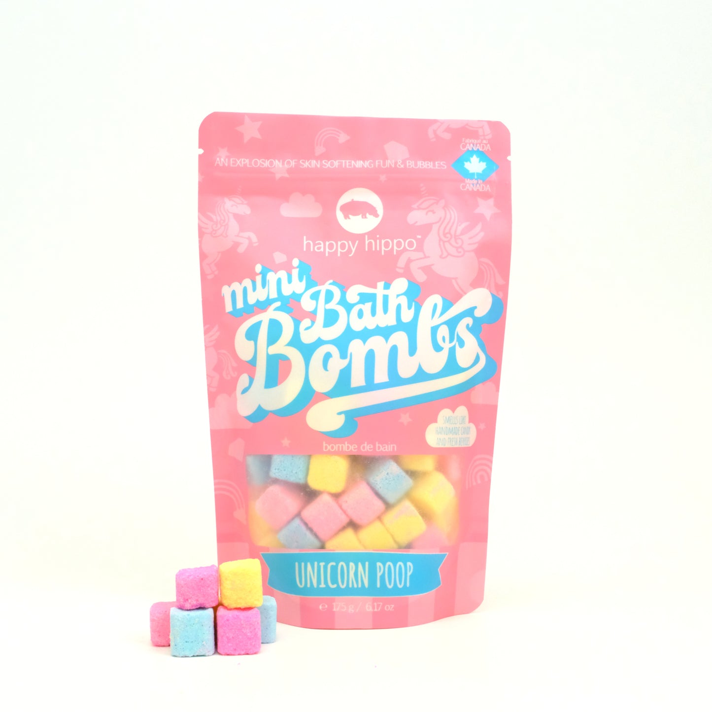 Unicorn Poop mini bath bombs bag with colorful bath bombs on a white background