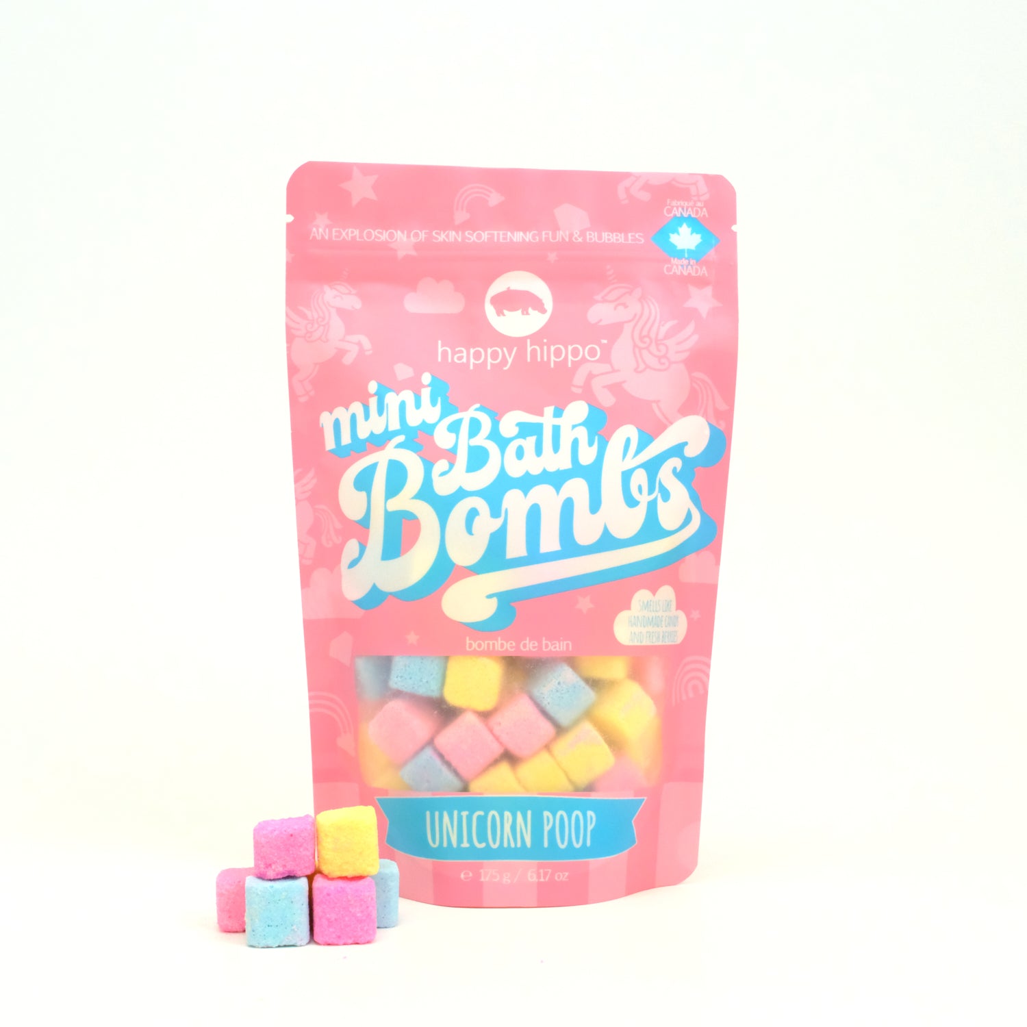 Unicorn Poop mini bath bombs bag with colorful bath bombs on a white background