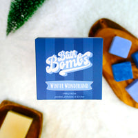 Blue box of Bath Bombs with 'Winter Wonderland' text on a white background